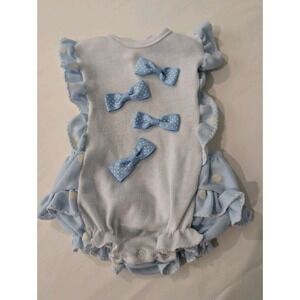 Vtg 90s Baby Girl Light Blue Polka Dot Snap Romper Ruffles Bows Size 0-3M Appox